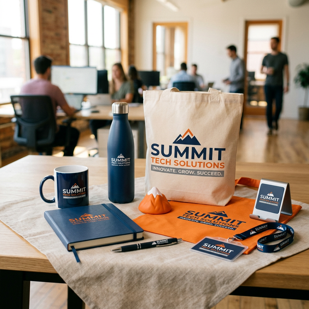 Summit Tech Solutions merchandise arranged on an office table