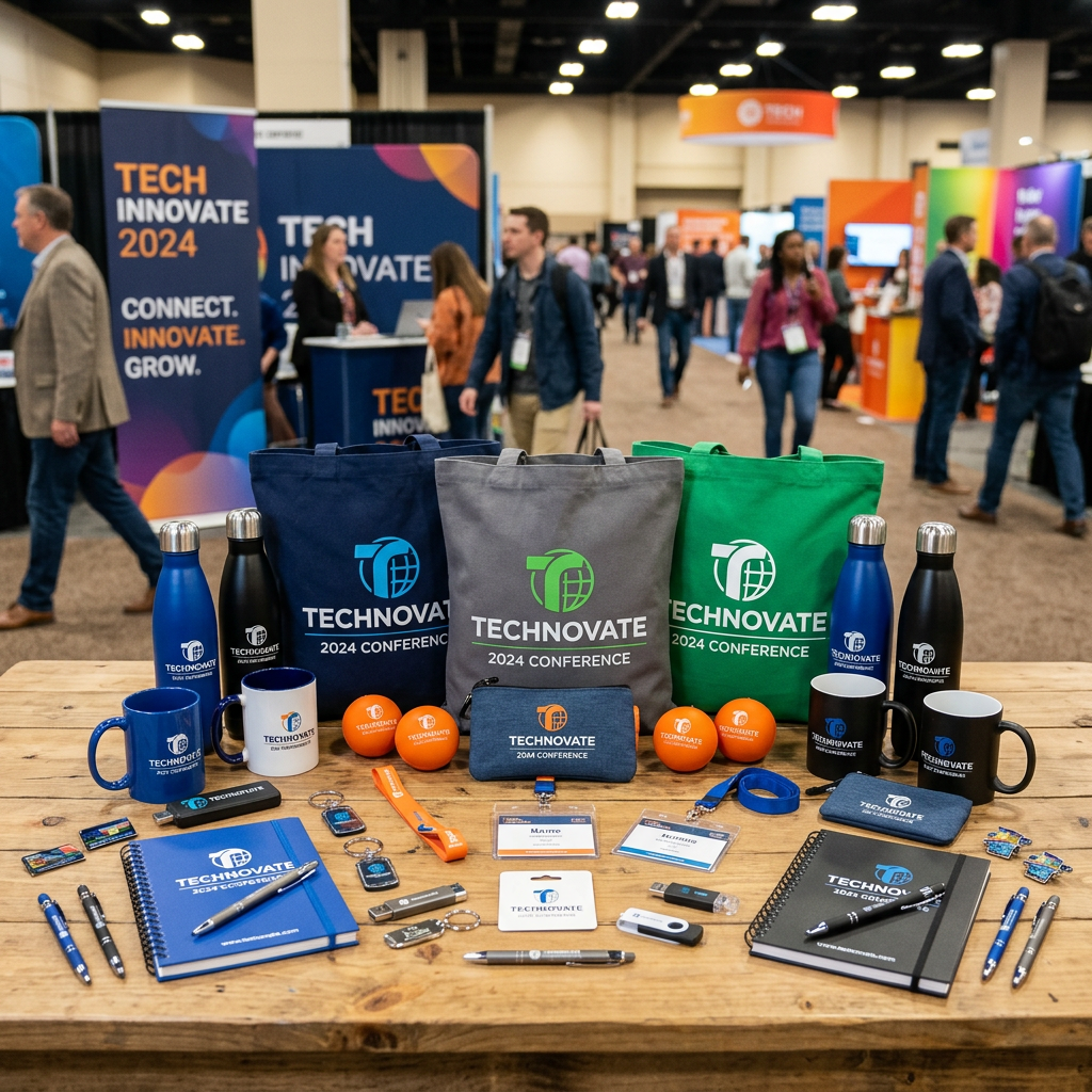 Technovate 2024 conference merchandise with TECH INNOVATE 2024 event signage