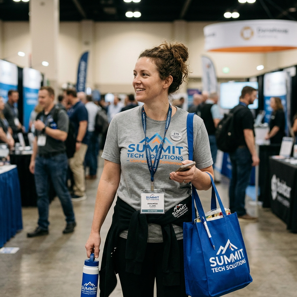 Woman at Summit Tech Solutions event wearing badge labeled Amanda Clark